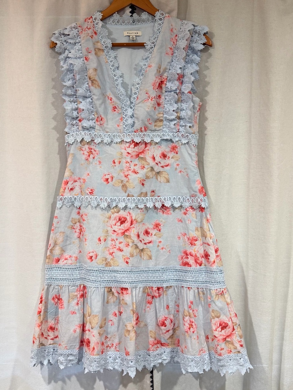 Stellah Light Blue Dress with Pink Floral Print and White Lace Trim